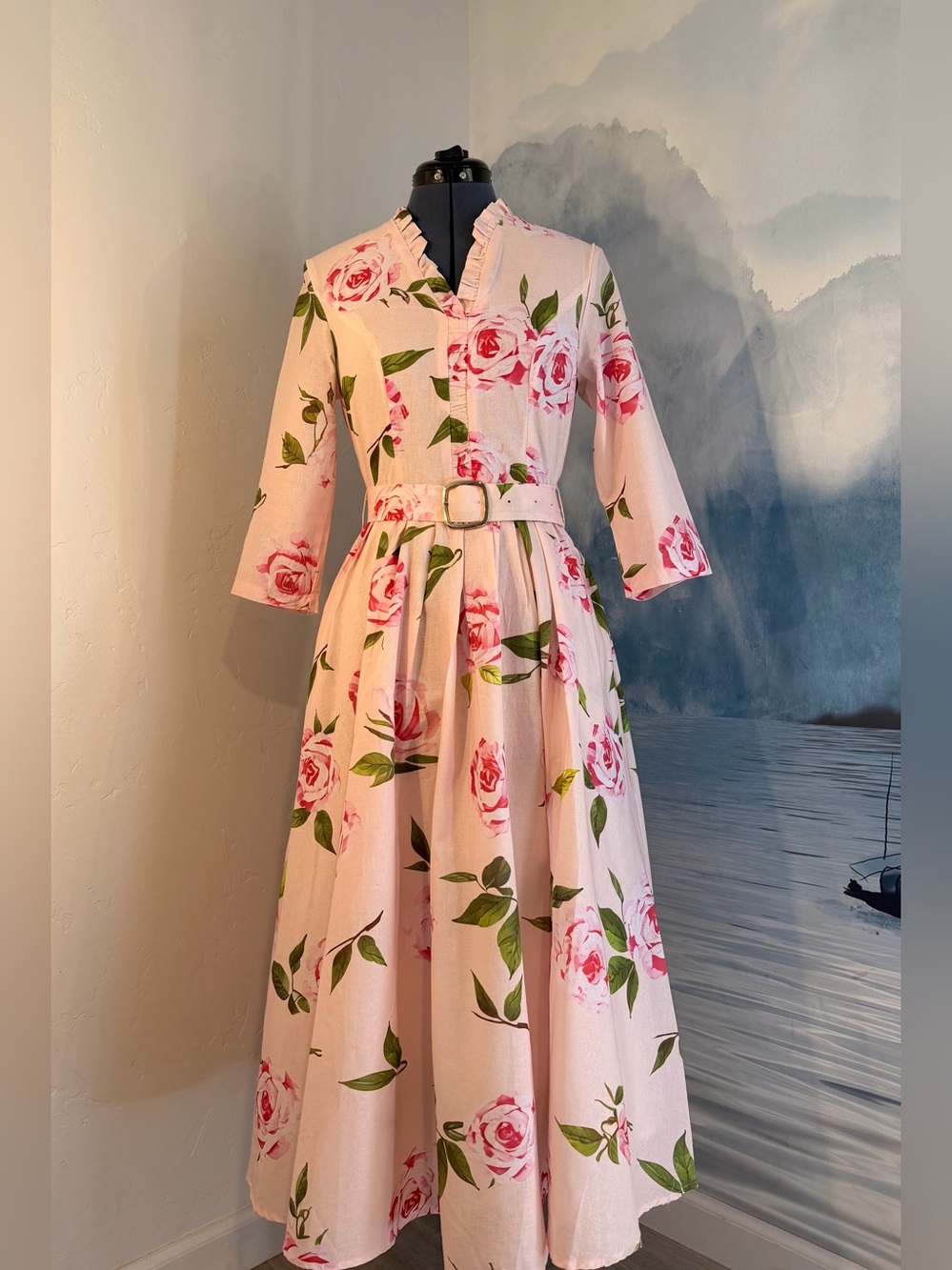 Chillinen / Linen Vibes Pink Rose-Print Midi Dress with Belt # 183 - Picture 3 of 12